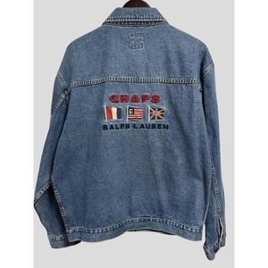 Chaps Ralph Lauren Large Flag Spell Out Logo USA Denim Jean Jacket L Vintage